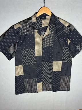 Patchwork Print Level Ten Short-Sleeve Button-Down Shirt in Black & Beige